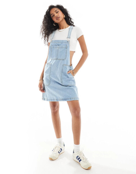 DTT denim pinafore dress with pockets in mid blue