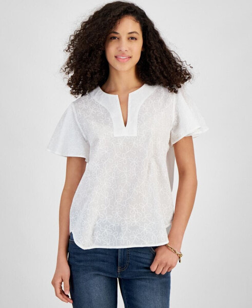 Women's Embroidered Cotton Flutter-Sleeve Top