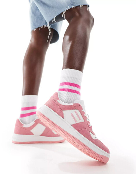 Tommy Jeans retro basked washed suede trainers in pink