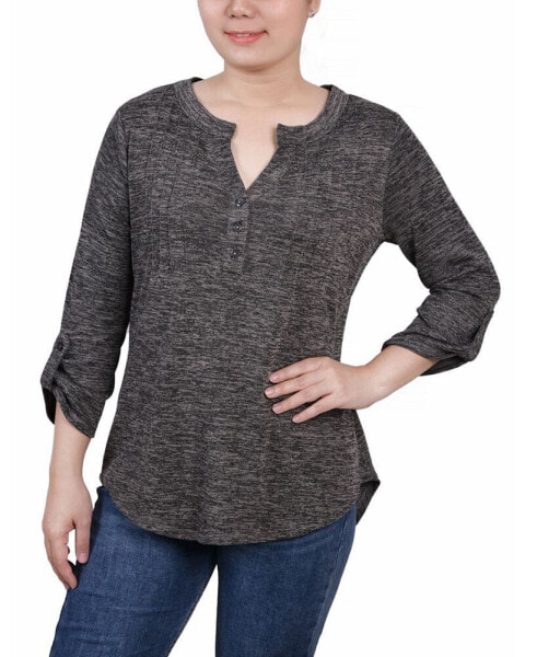 Women's 3/4 Roll Tab Sleeve Y-Neck Top