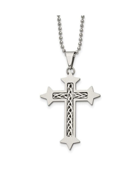 Chisel brushed Braided Sterling Silver Inlay Cross Pendant Ball Chain Necklace