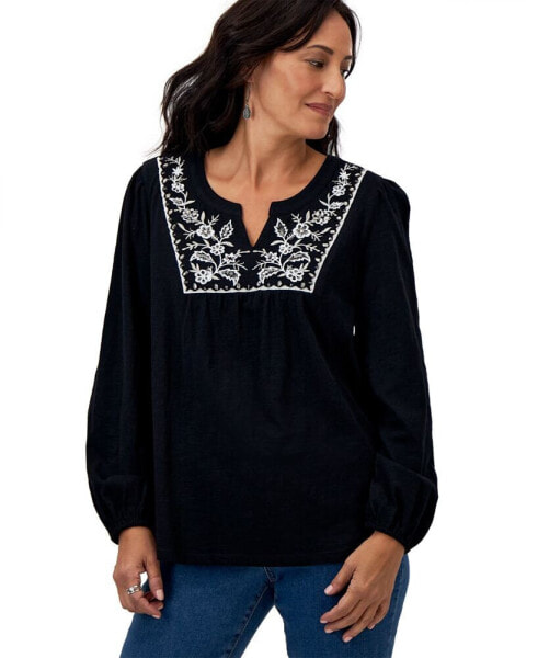 Petite Embroidered Shimmer-Knit Cotton Top, Created for Macy's