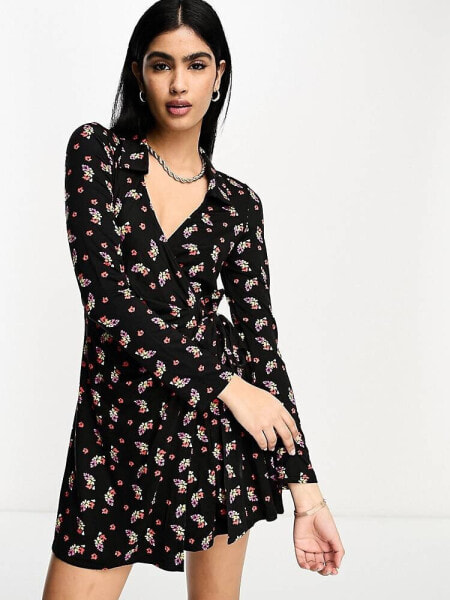 ASOS DESIGN long sleeve collared mini wrap dress in black ditsy print