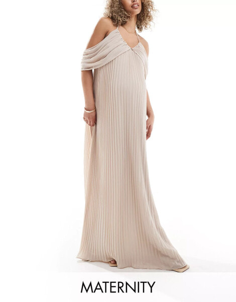 TFNC Bridesmaids Maternity cold shoulder chiffon pleated maxi dress in ecru