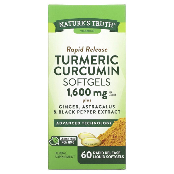 Turmeric Curcumin plus Ginger, Astragalus and Black Pepper Extract, 1,600 mg, 60 Rapid Release Liquid Softgels (800 mg per Softgel)