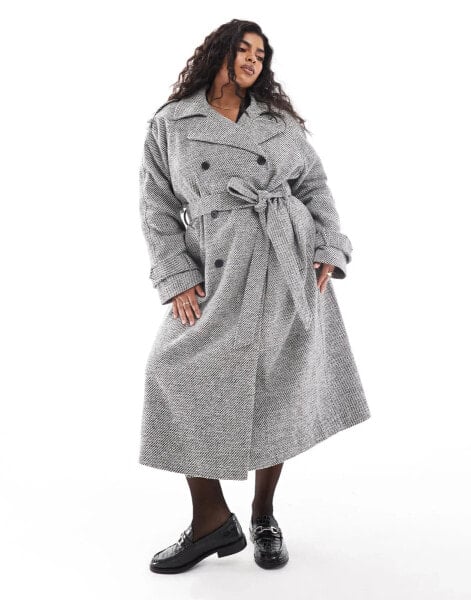 ASOS DESIGN Curve – Eleganter Trenchcoat aus Kunstwolle in Salz und Pfeffer