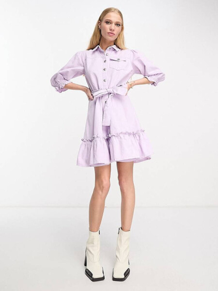 River Island frill hem belted denim mini dress in lilac