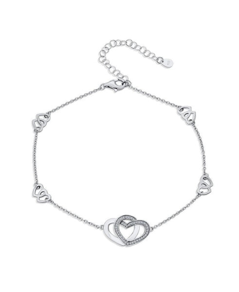 Cubic Zirconia Pave CZ Multi Interlocking Hearts Charm Anklet Ankle Bracelet Girlfriend Teens Sterling Silver Adjustable 8.5 To 10 Inch With Extender