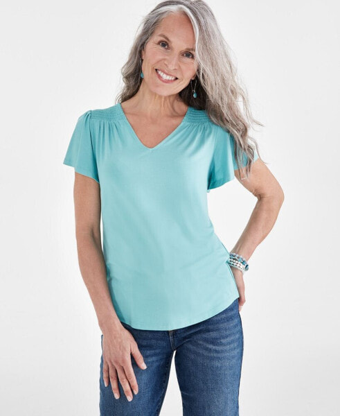 Women's Smocked Flutter-Sleeve V-Neck Knit Top, Created for Macy's