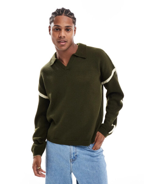 ASOS DESIGN relaxed knitted polo jumper with contrast panels in khaki