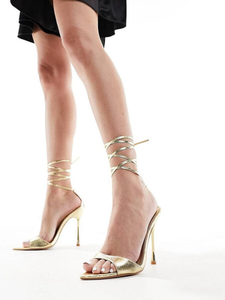 Public Desire Ronnie pointed heeled sandal with ankle tie in gold