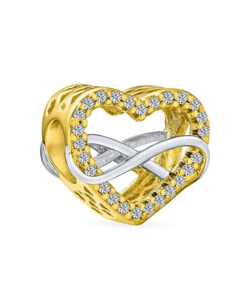 Couples Forever Love Knot Motif Crystal Accent Intertwined Infinity Open Heart Bead Charm Two Tone Gold Plated Sterling Silver Fits European Bracelet