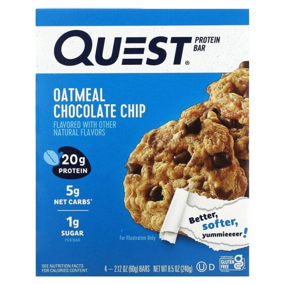 Protein Bar, Oatmeal Chocolate Chip, 4 Bars, 2.12 oz (60 g) Each