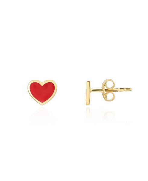 Red Enamel Heart Stud Earrings 14K Gold