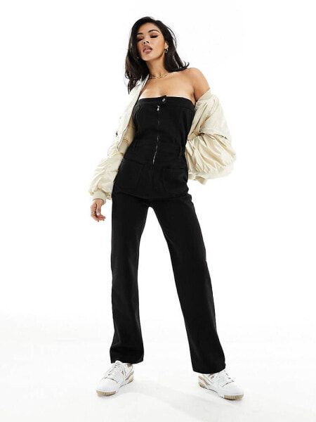 In The Style bandeau denim jumpsuit in black