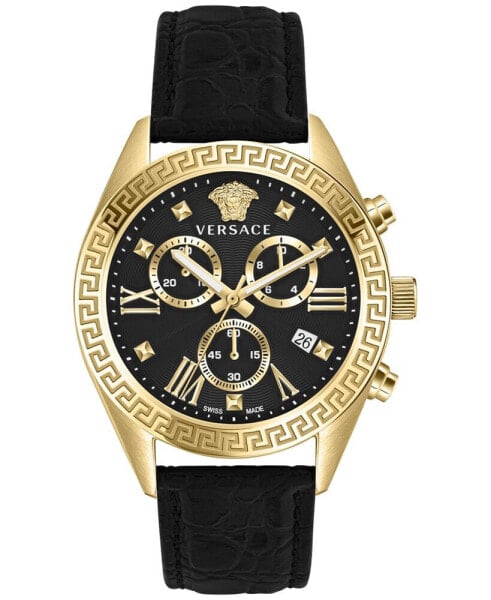 Women's Chronograph Greca Black Leather Strap Watch 40mm