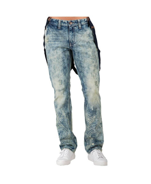 Men's Slim Straight Premium Jeans Distressed Acid Washed with Suspenders