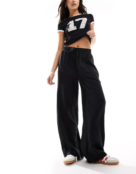 Object soft draw string waist wide leg trousers in black