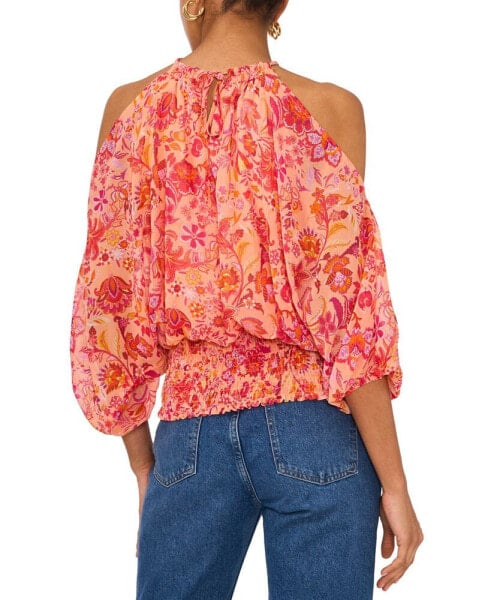 Women's Cold-Shoulder Printed Smocked-Waist Top