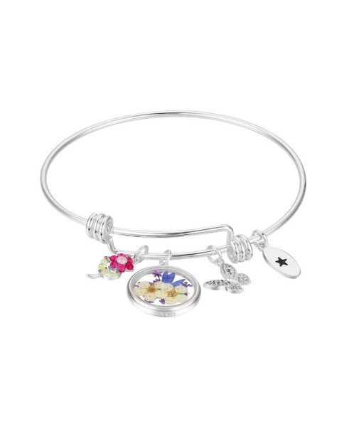 Cubic Zirconia Flower, Butterfly, Dried Flower Pendant Bangle Bracelet