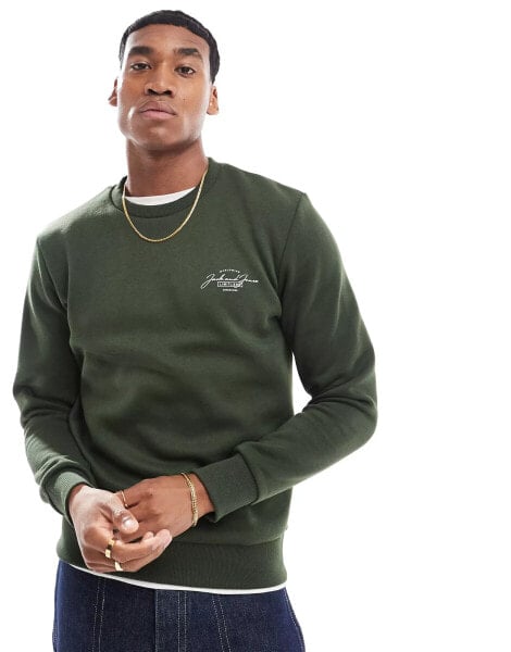 Jack & Jones script logo crew neck sweatshirt in khaki