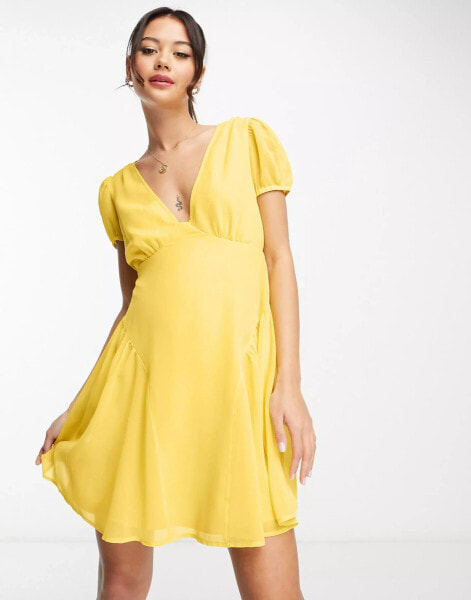 ASOS DESIGN short sleeve v-neck chiffon mini dress in yellow