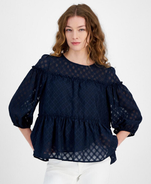 Women's Lattice Clip-Dot Balloon-Sleeve Blouse