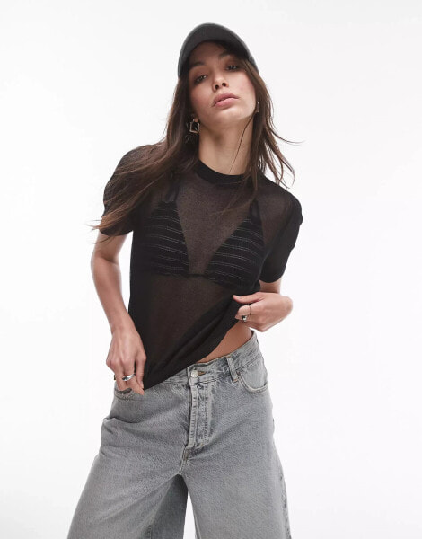 Topshop knitted sheer tshirt in black