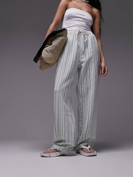 Topshop pull on towelling stripe wide leg trouser in white