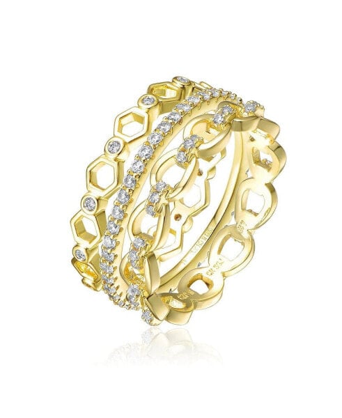 Sterling Silver 14K Gold Plated Clear Cubic Zirconia Wide Band Ring