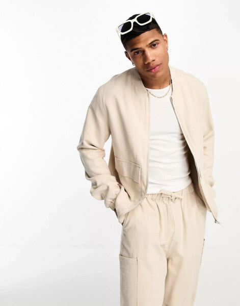 ASOS DESIGN Co ord oversized linen bomber jacket in stone