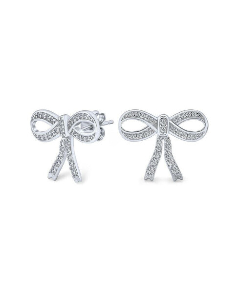 Delicate Dainty Ribbon Birthday Present Pave CZ Bow Stud Earrings For Women For Teens .925 Sterling Silver