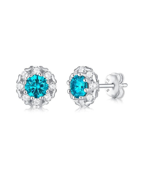 Radiant Sterling Silver Round Halo Stud Earrings with 0.50ctw Lab-Created Moissanite & Blue Topaz, White Gold Plated