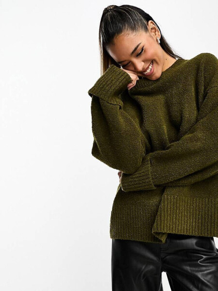 Pretty Lavish oversized borg knit jumper in dark olive