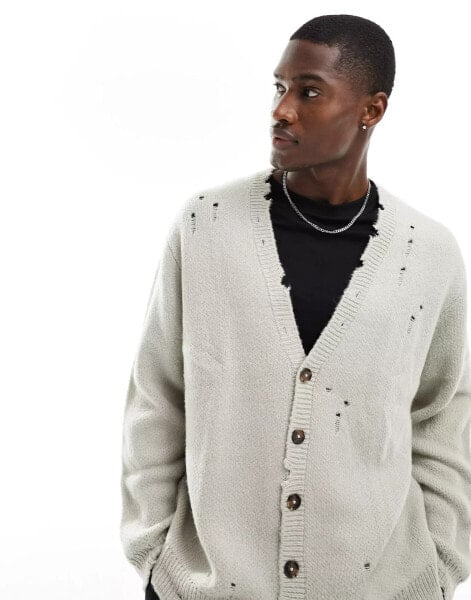 ASOS DESIGN oversized knitted plush cardigan with nibbling in stone