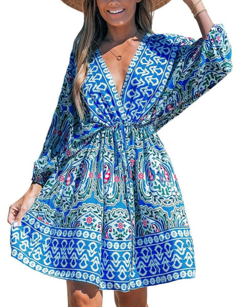 Women's Boho V-Neck Puff Sleeve Mini Beach Dress