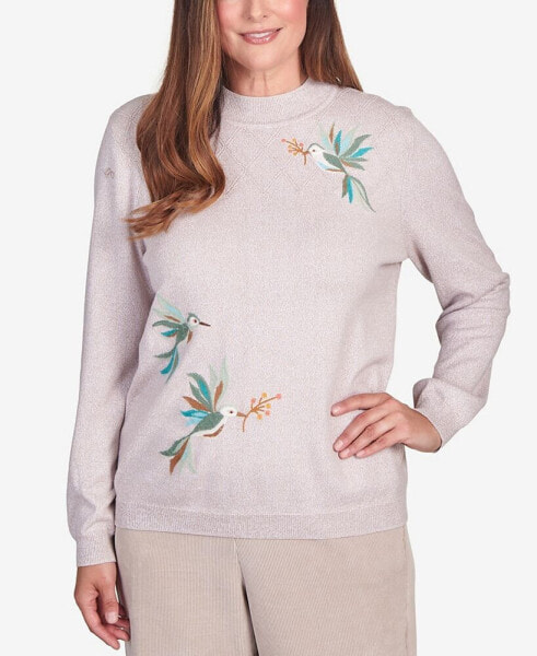 Petite St.Moritz Hummingbird Pointelle Yoke Mock Neck Sweater