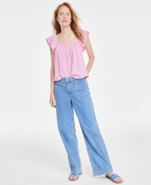 Women's Cotton Gauze Flutter-Sleeve Top, Created for Macy's