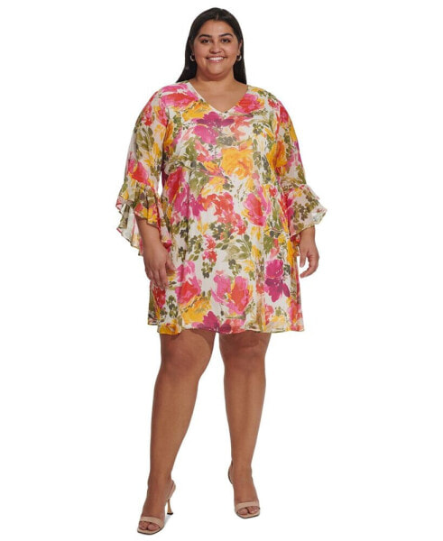 Plus Size Printed V-Neck Bell-Sleeve Shift Dress