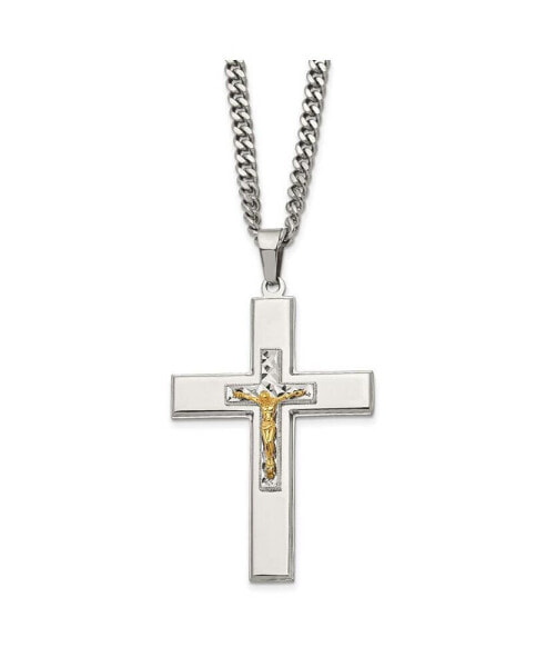 Polished Yellow IP-plated Crucifix Pendant Curb Chain Necklace