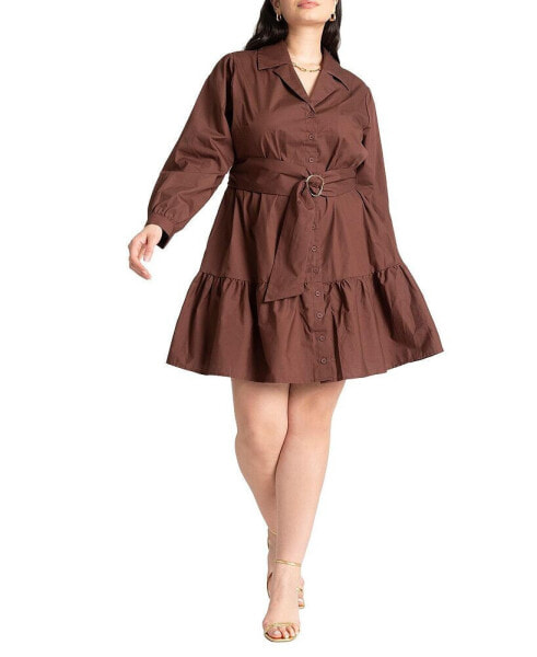 Plus Size Mini Shirt Dress With Belt - 24, Dark Chestnut