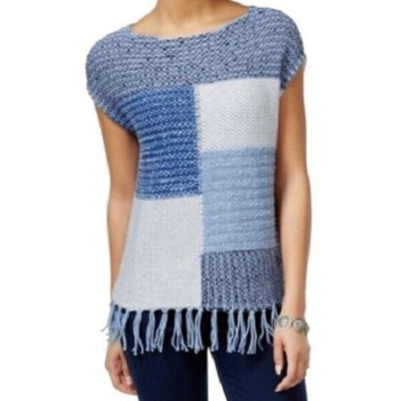 American Living Women's Colorblocked Fringe Hem Scoop Neck Sweater Blue L