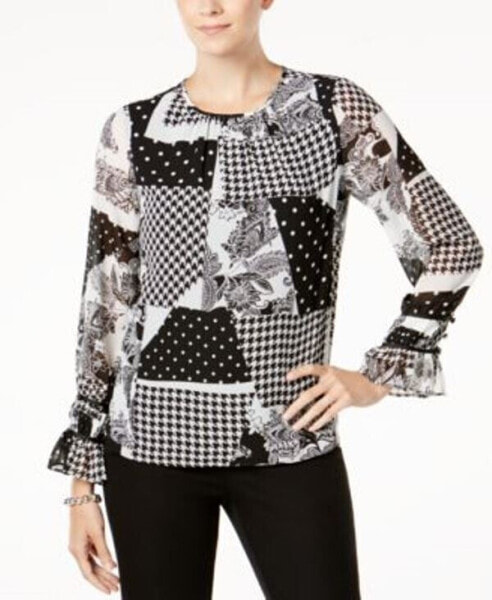 Charter Club Women's Patchwork Print Blouse Deep Black Combo M