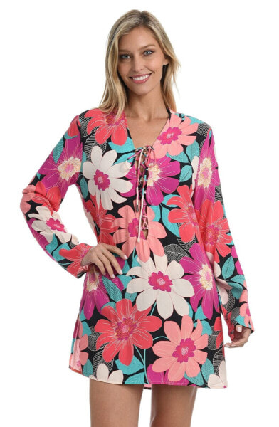 La Blanca Womens Lace Front Tunic Dress Cover Up, Multi in Full Bloom, Medium US