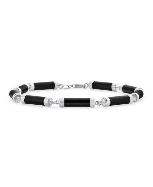 Asian Style Black Natural Onyx Strand Tube Bar Link Bracelet For Women Sterling Silver 7.5 Inch