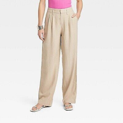 Women's High-Rise Linen Pleat Front Straight Pants - A New Day Tan 4