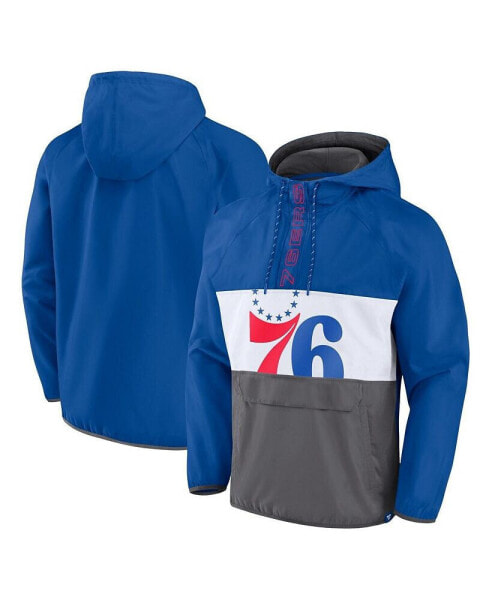 Men's Royal, Gray Philadelphia 76ers Anorak Flagrant Foul Color-Block Raglan Hoodie Half-Zip Jacket