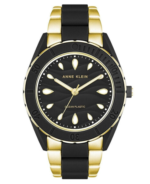 Women's Three-Hand Quartz Gold-Tone and Black Solar Oceanwork Plastic Bracelet Watch, 38.5mm