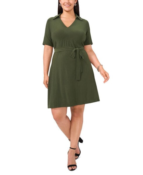 Plus Size Collared-V-Neck Tie-Waist Short-Sleeve Dress