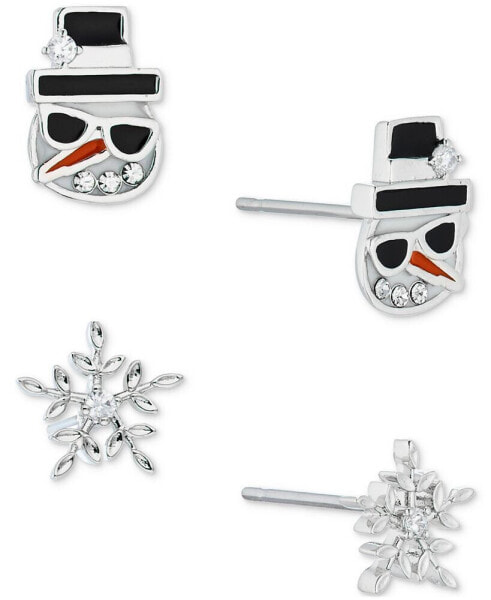 Silver-Tone 2-Pc. Set Pavé Snowman & Snowflake Stud Earrings